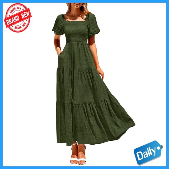Puff Sleeve Maxi Dress Square Neck Smocked Tiered Ruffle A-Line Long Flowy